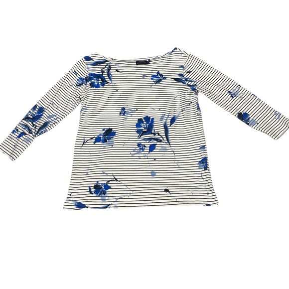 Polo Ralph Lauren Top Women's Medium White Blue Flowers and Stripes 3 /4 Sleeves - Picture 14 of 16